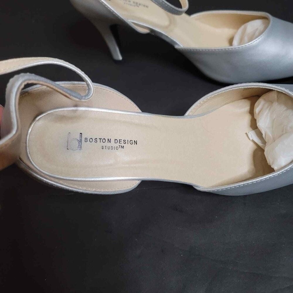 Boston Design Studio Ankle Strap Pumps 9.5W Silver Wedding Cocktail Formal Heels - Picture 5 of 6